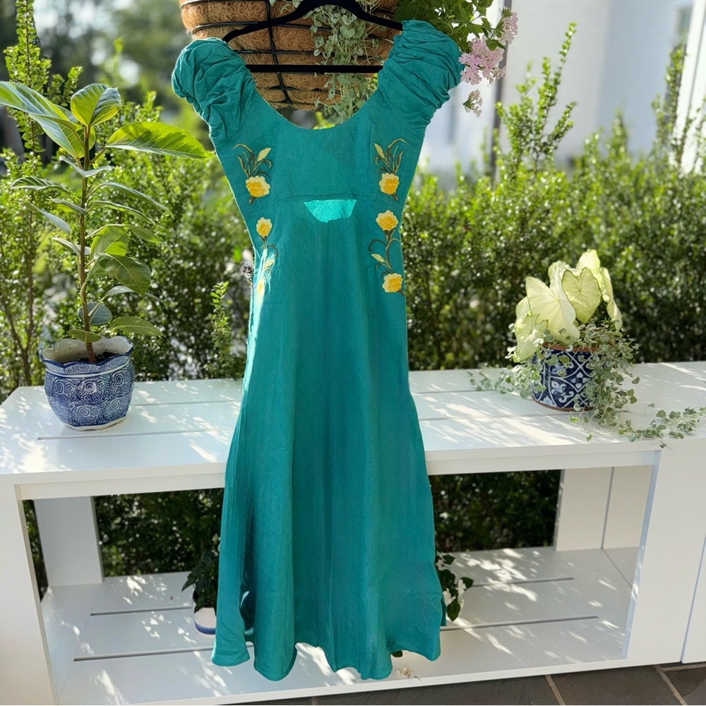 Fanm Mon Teal Linen Long Dress with Floral Details